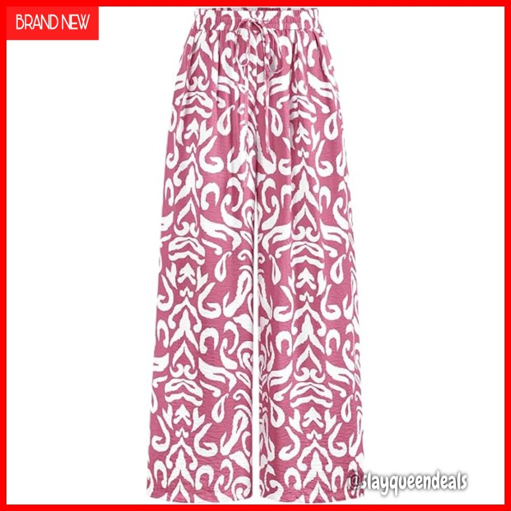 Floral Wide Leg Palazzo Pants Elastic Waist Lightweight Lounge Casual